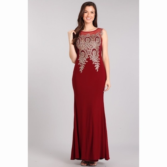 SLEEVELESS Burgundy Gold Lace Dress - Picture 1 of 6